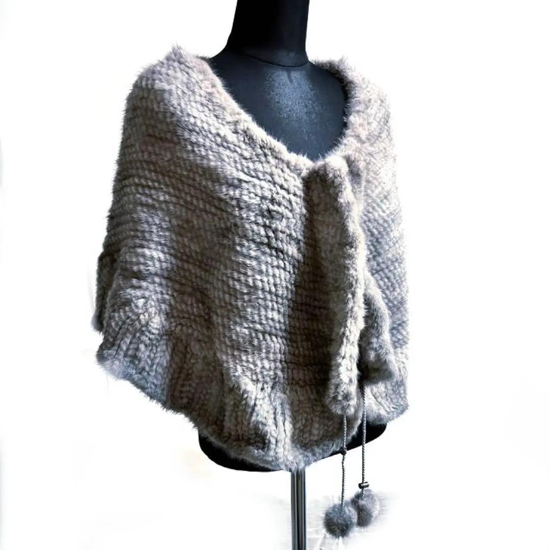 新品 MASABARDO ミンク ポンチョ ケープ 毛皮 ポンポン タグ付グレー
