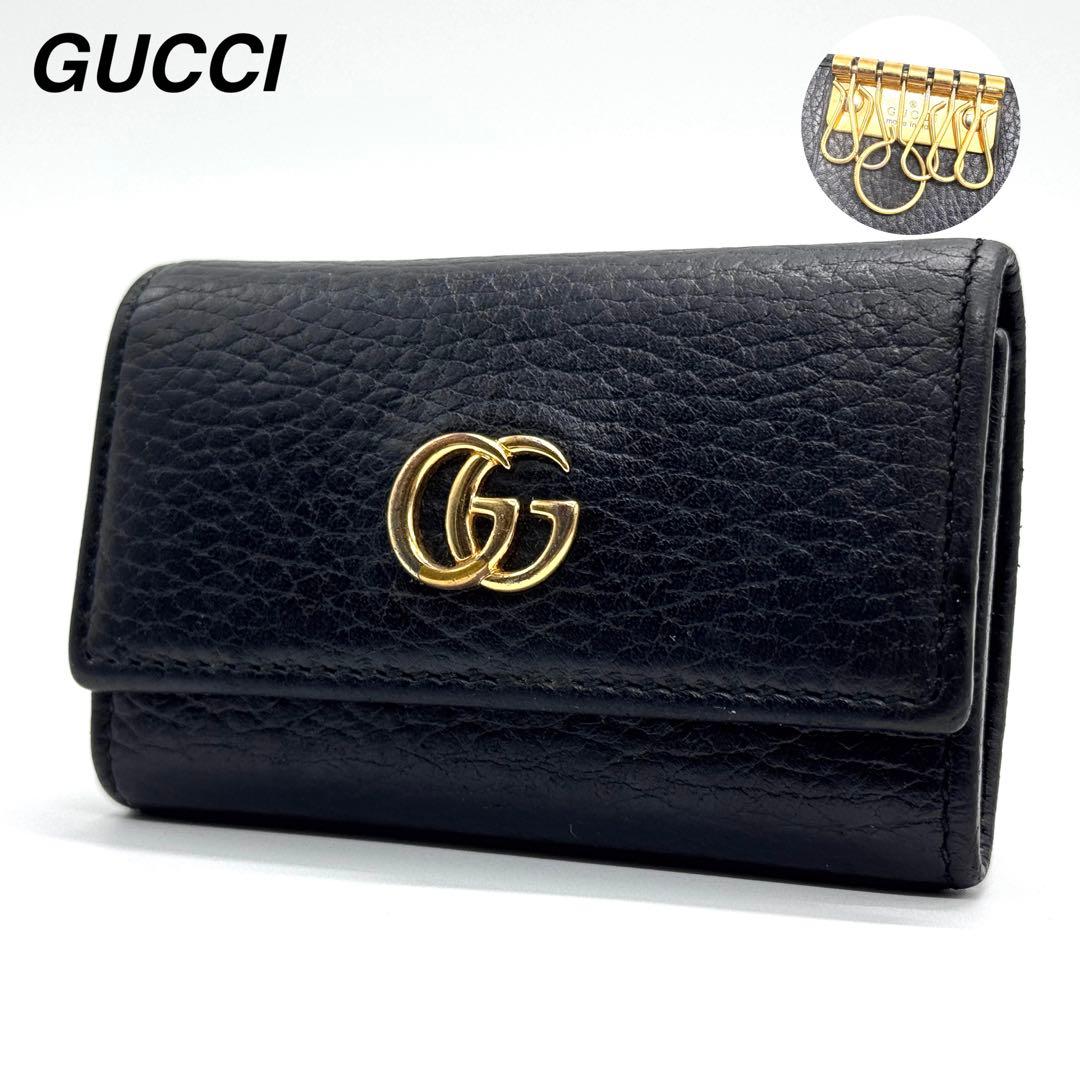 良品✨グッチ　キーケース　6連　GGマーモント　キーリング　金ロゴ　レザー　黒