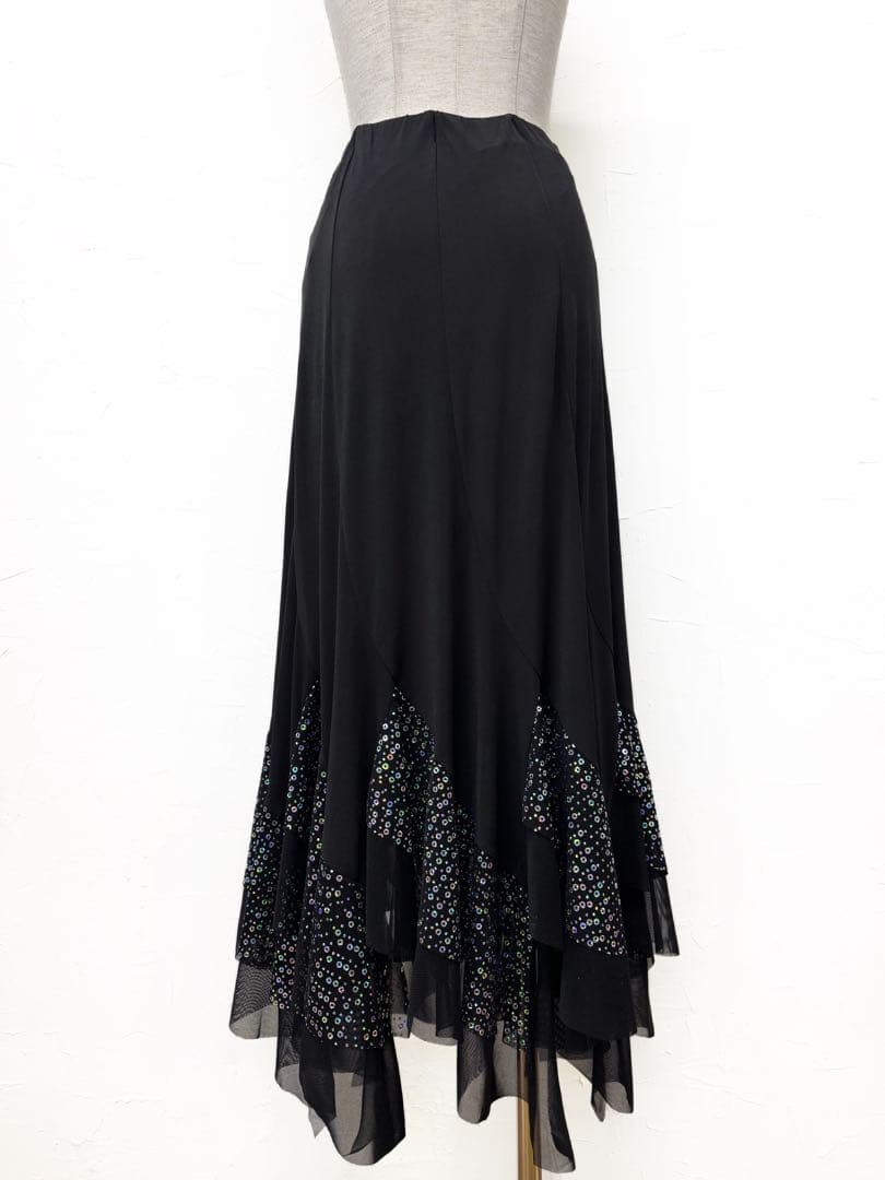 【オーロラの輝き】新品　裾2段ランダムカットフレアスカート 黒×銀スパンｐ346