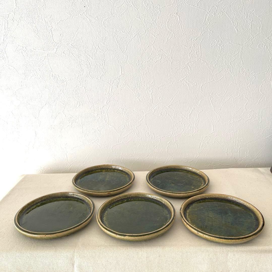 M787 ○織部焼　作家さん　丸プレート【5枚】未使用