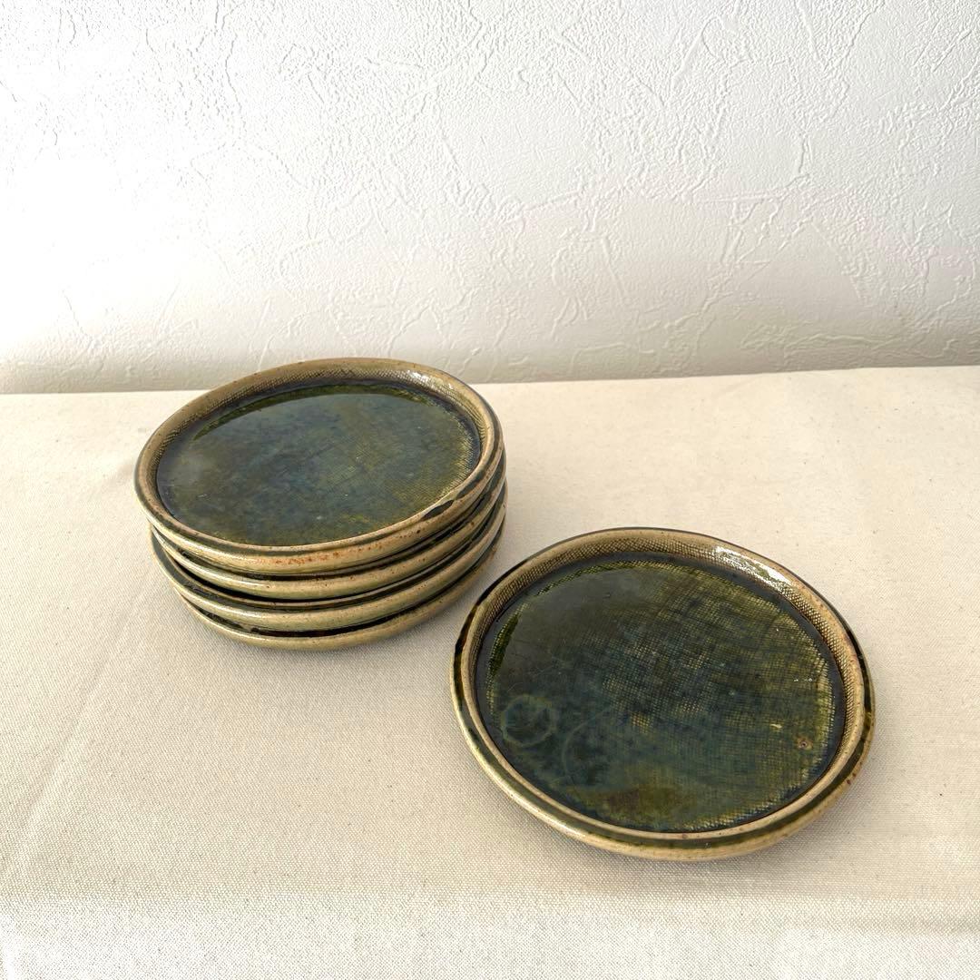 M787 ○織部焼　作家さん　丸プレート【5枚】未使用