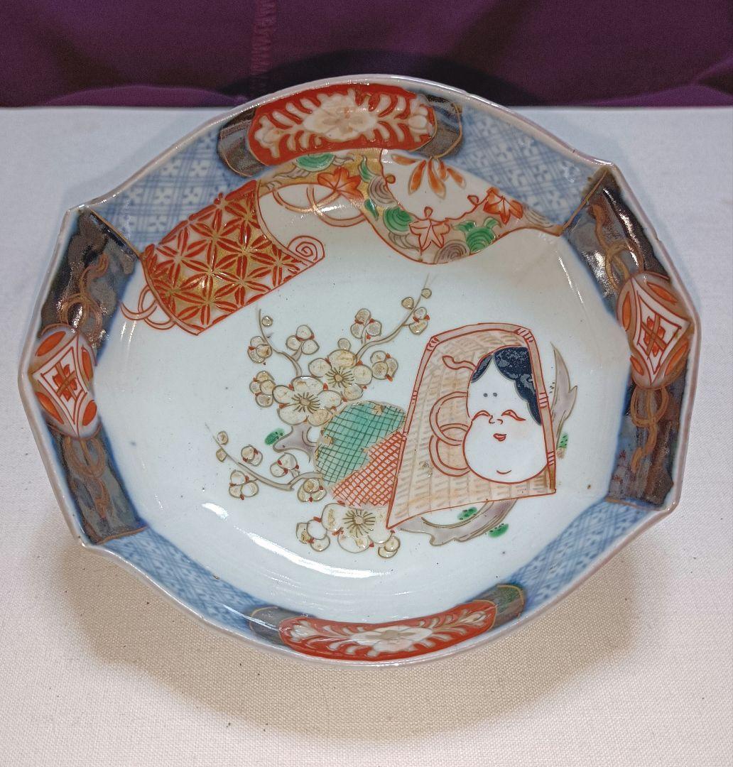 蔵出し変形稜花形色絵深皿(見込みに梅の花とおかめの箕)の５枚セット