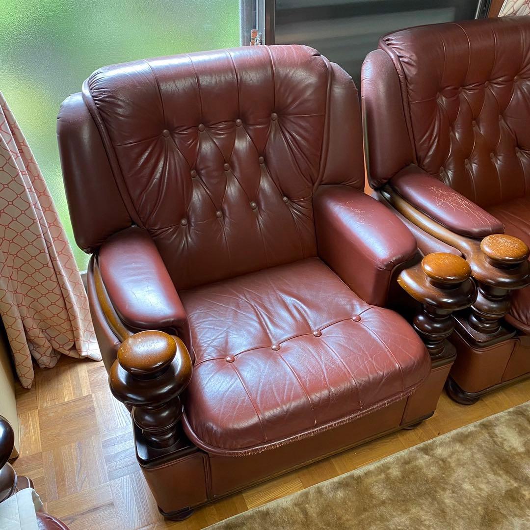 【現地直接引取】3人掛けレザーソファ｜1人掛けソファ×2脚 アンティーク調
