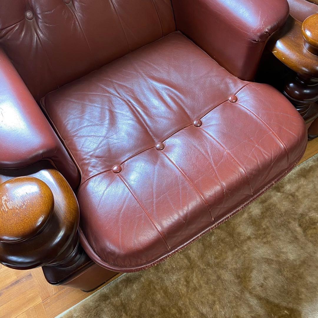 【現地直接引取】3人掛けレザーソファ｜1人掛けソファ×2脚 アンティーク調