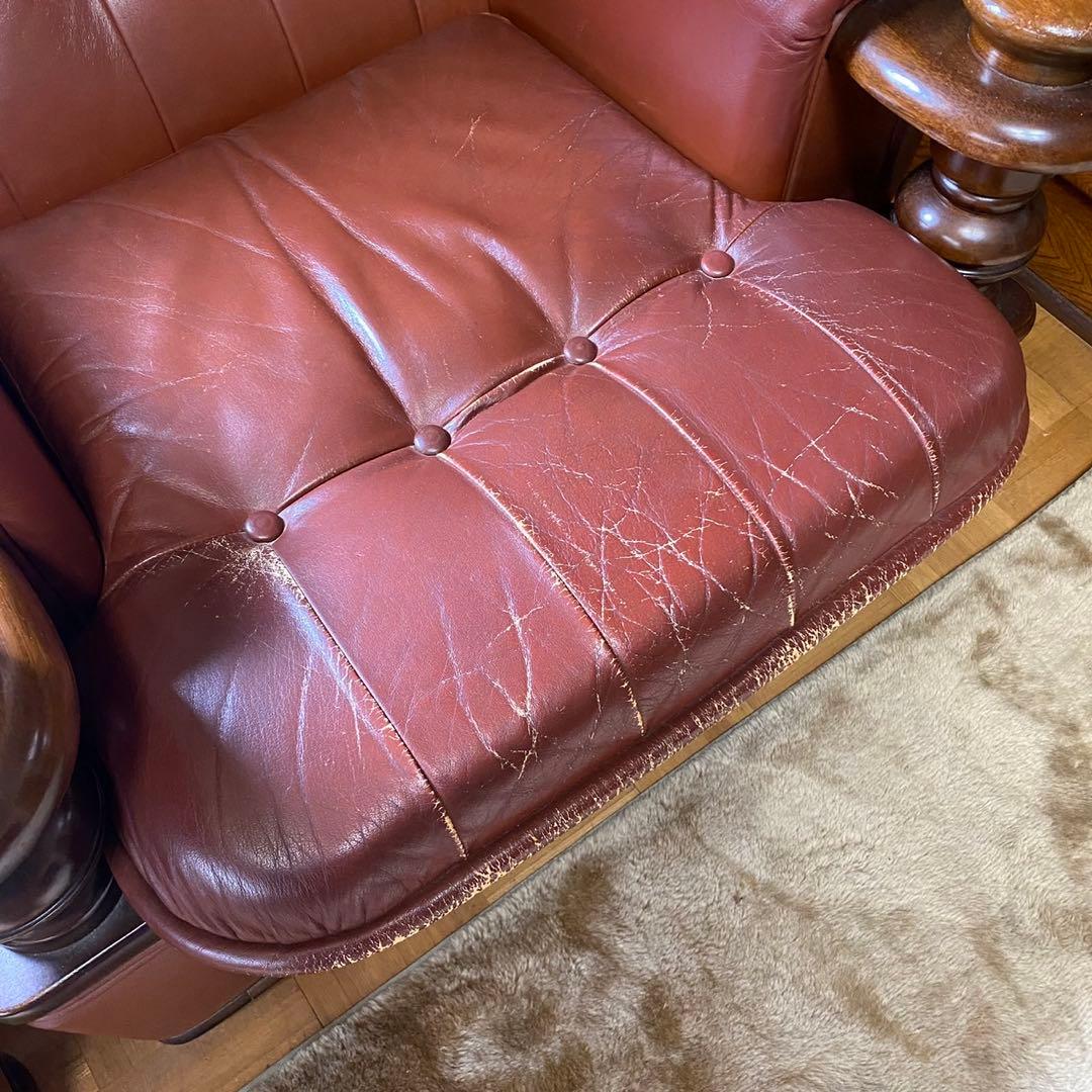 【現地直接引取】3人掛けレザーソファ｜1人掛けソファ×2脚 アンティーク調