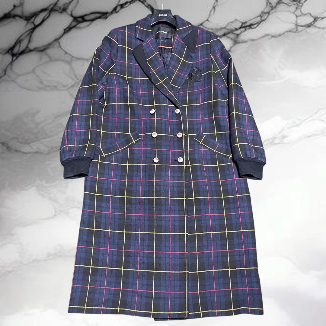 【メゾンレネール】美品チェック ダブル チェスター ロング エンブレム ネイビー