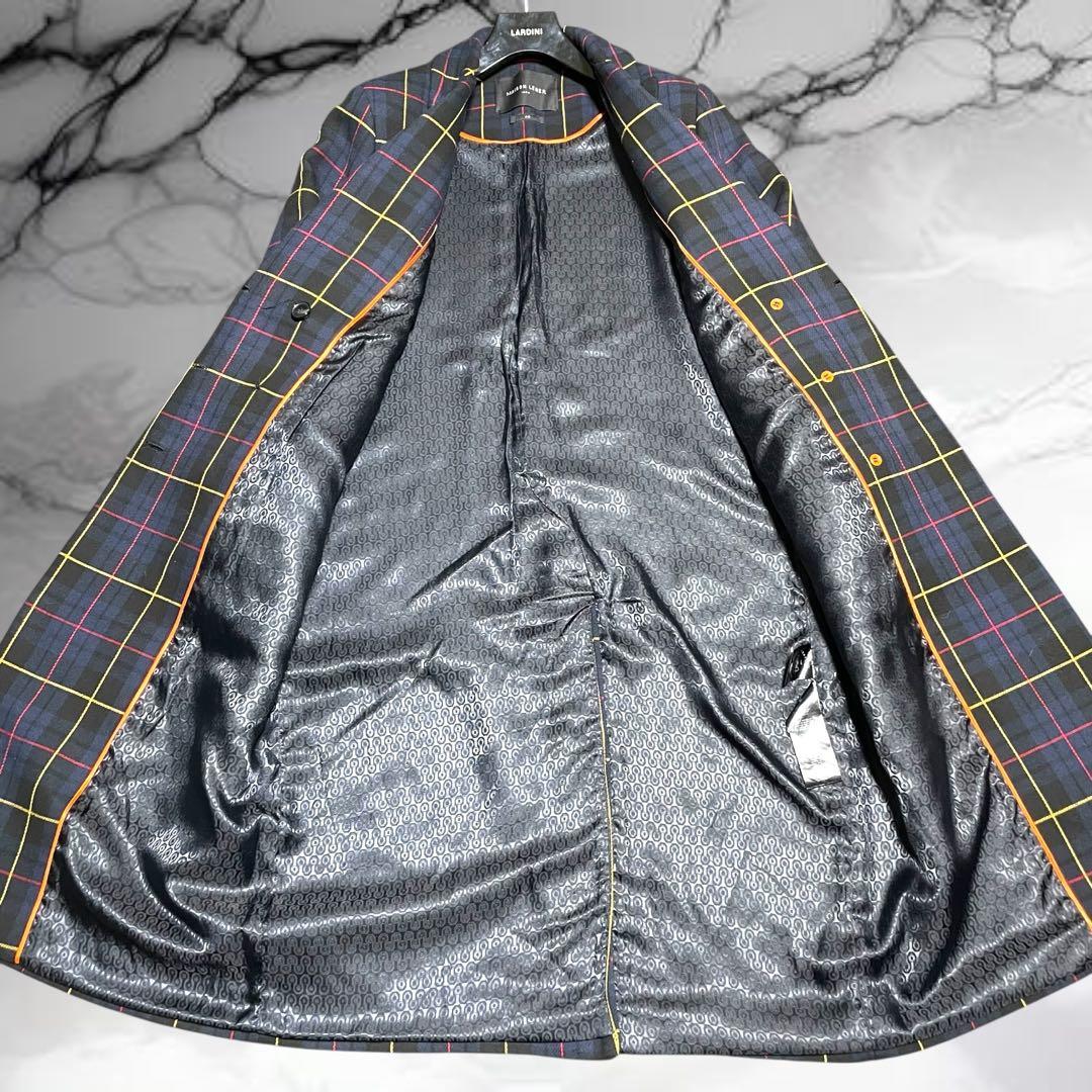 【メゾンレネール】美品チェック ダブル チェスター ロング エンブレム ネイビー