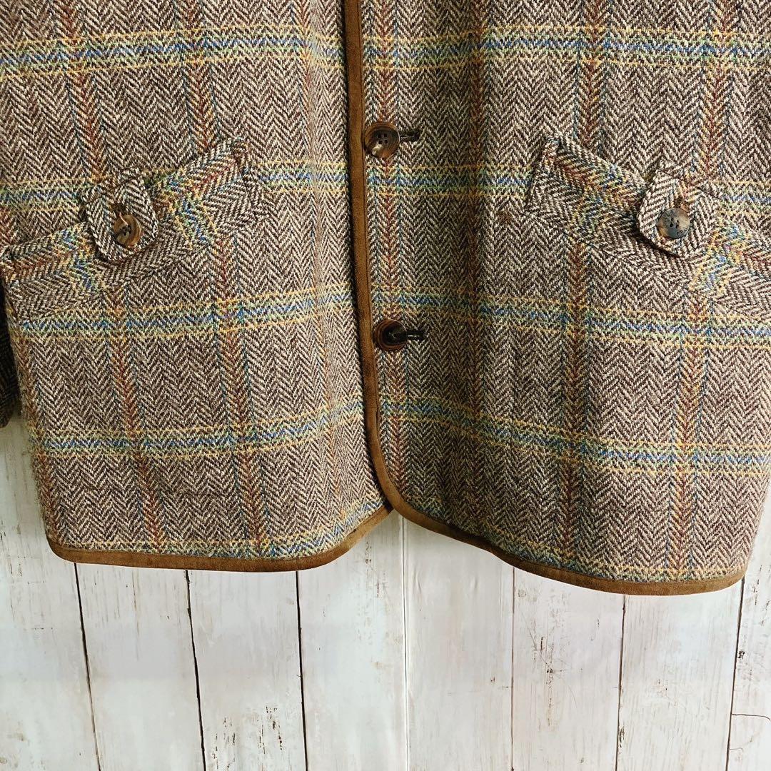 ハリスツイード パパス ツイードカバーオール ムートンボア襟 ヘリンボーンコート