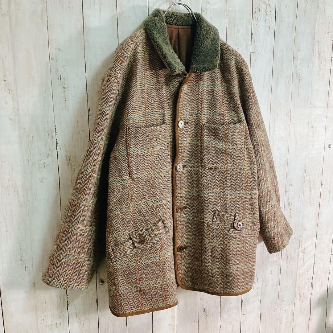 ハリスツイード パパス ツイードカバーオール ムートンボア襟 ヘリンボーンコート