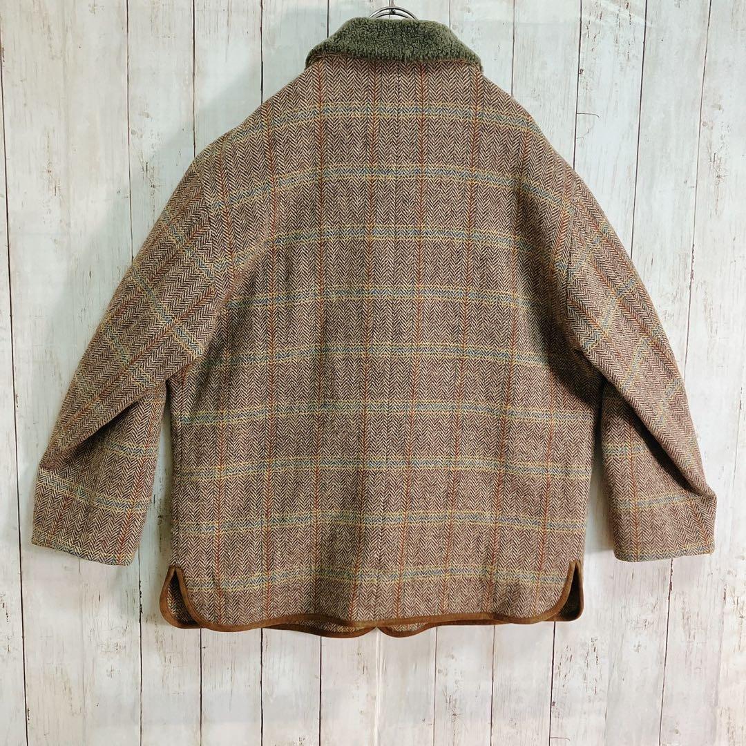 ハリスツイード パパス ツイードカバーオール ムートンボア襟 ヘリンボーンコート