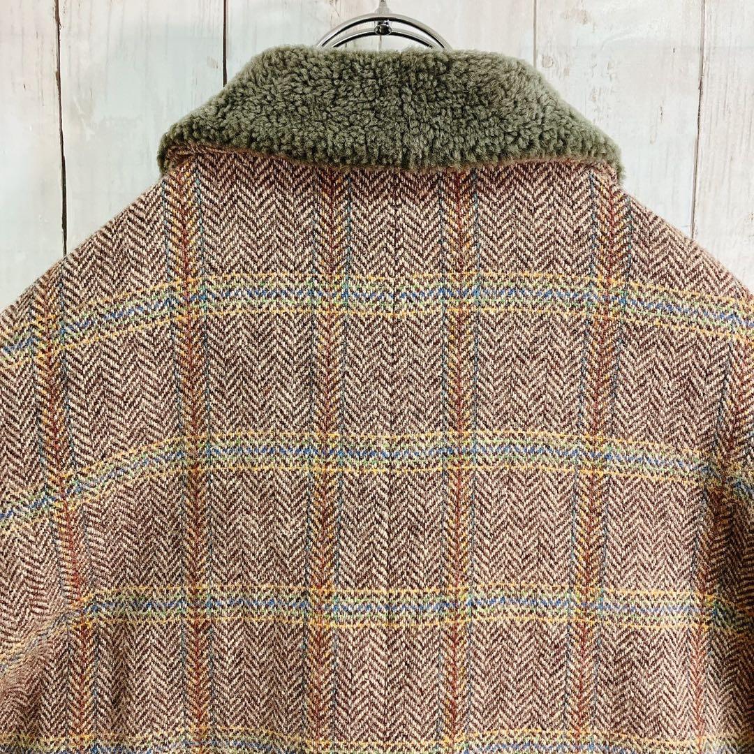 ハリスツイード パパス ツイードカバーオール ムートンボア襟 ヘリンボーンコート