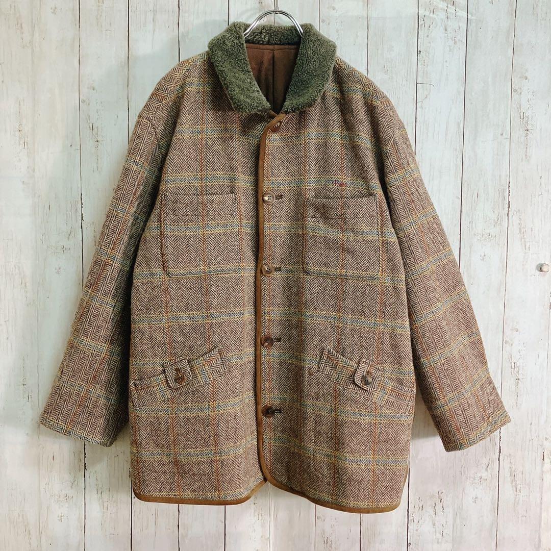 ハリスツイード パパス ツイードカバーオール ムートンボア襟 ヘリンボーンコート