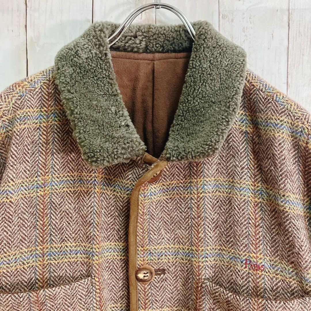 ハリスツイード パパス ツイードカバーオール ムートンボア襟 ヘリンボーンコート