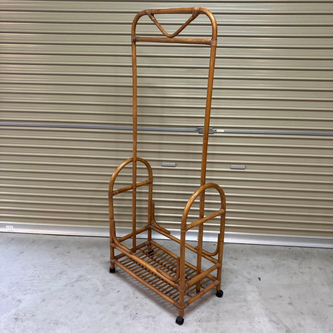 昭和レトロ ラタンハンガーラック キャスター付き 籐家具 古道具 古家具洋服掛け