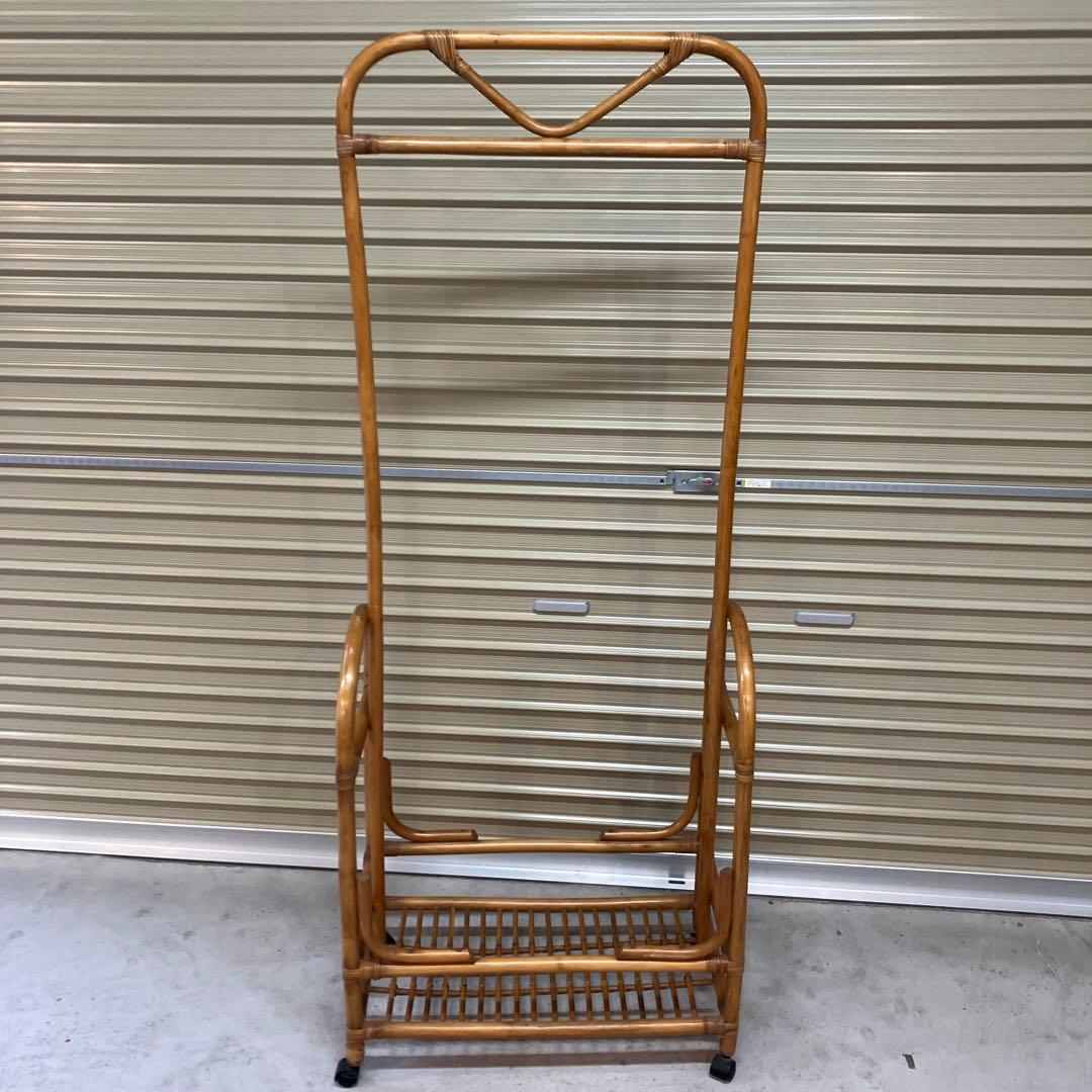 昭和レトロ ラタンハンガーラック キャスター付き 籐家具 古道具 古家具洋服掛け