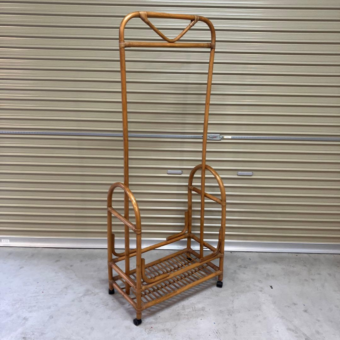 昭和レトロ ラタンハンガーラック キャスター付き 籐家具 古道具 古家具洋服掛け