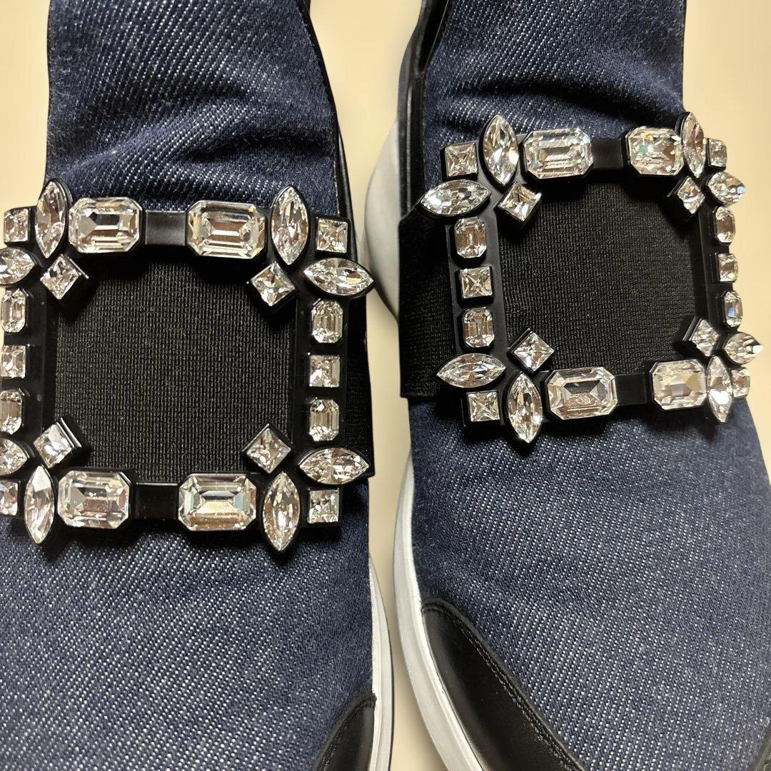 ROGER VIVIER ビジュー付きデニムネイビー スリッポンスニーカー