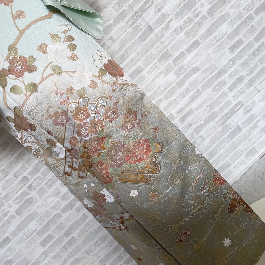訪問着　フルセット　桜の木　花筏　綸子　入学式　卒業式　春めく　着物　Q5