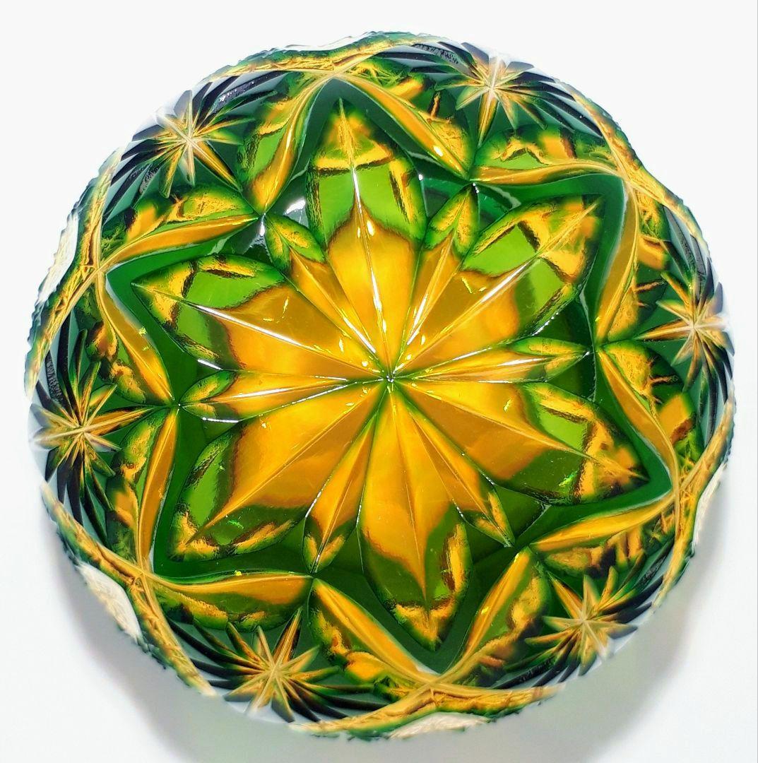 江戸切子　ෆ 根本達也 作品 ෆ　琥珀／緑 　 ぐい呑　【 未使用　美品 】