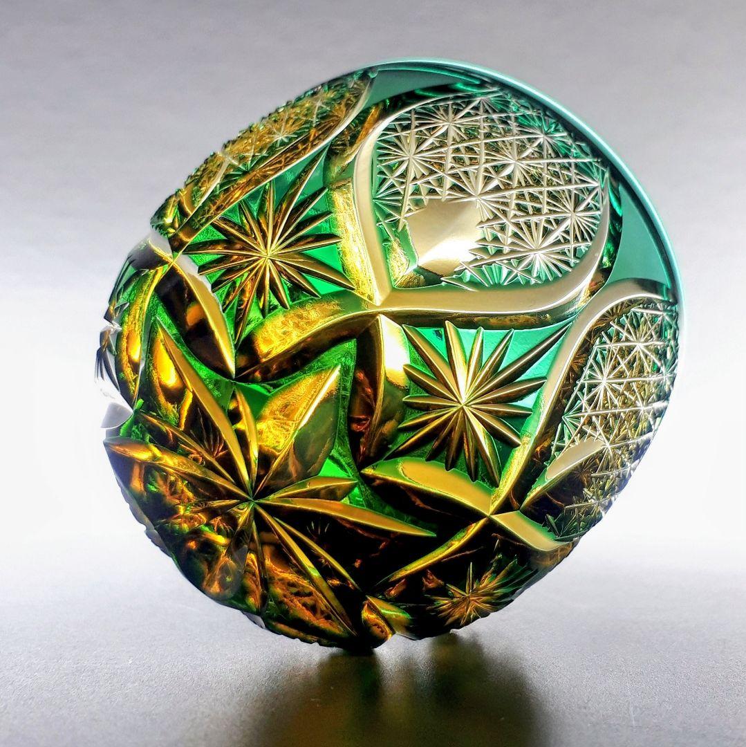 江戸切子　ෆ 根本達也 作品 ෆ　琥珀／緑 　 ぐい呑　【 未使用　美品 】