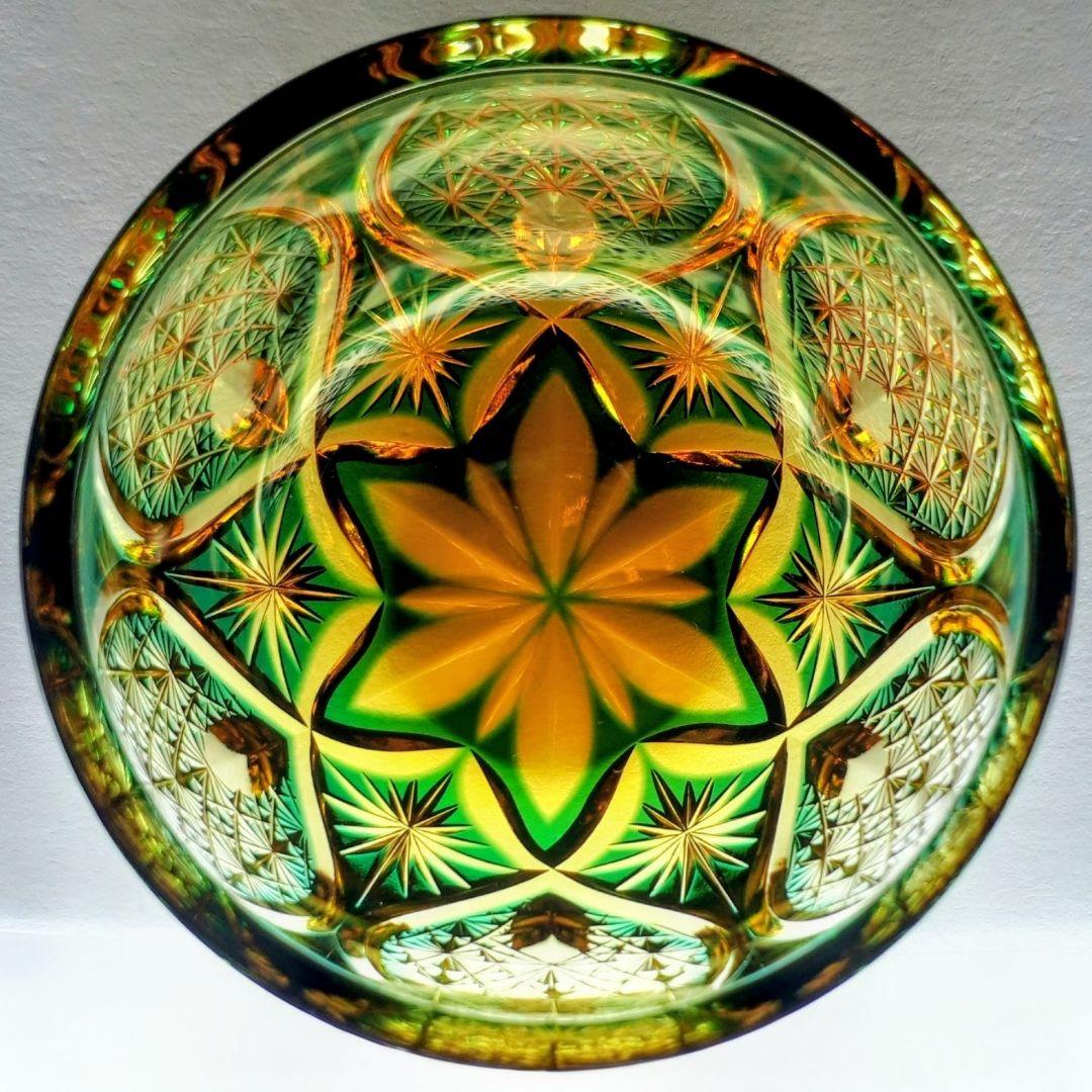 江戸切子　ෆ 根本達也 作品 ෆ　琥珀／緑 　 ぐい呑　【 未使用　美品 】