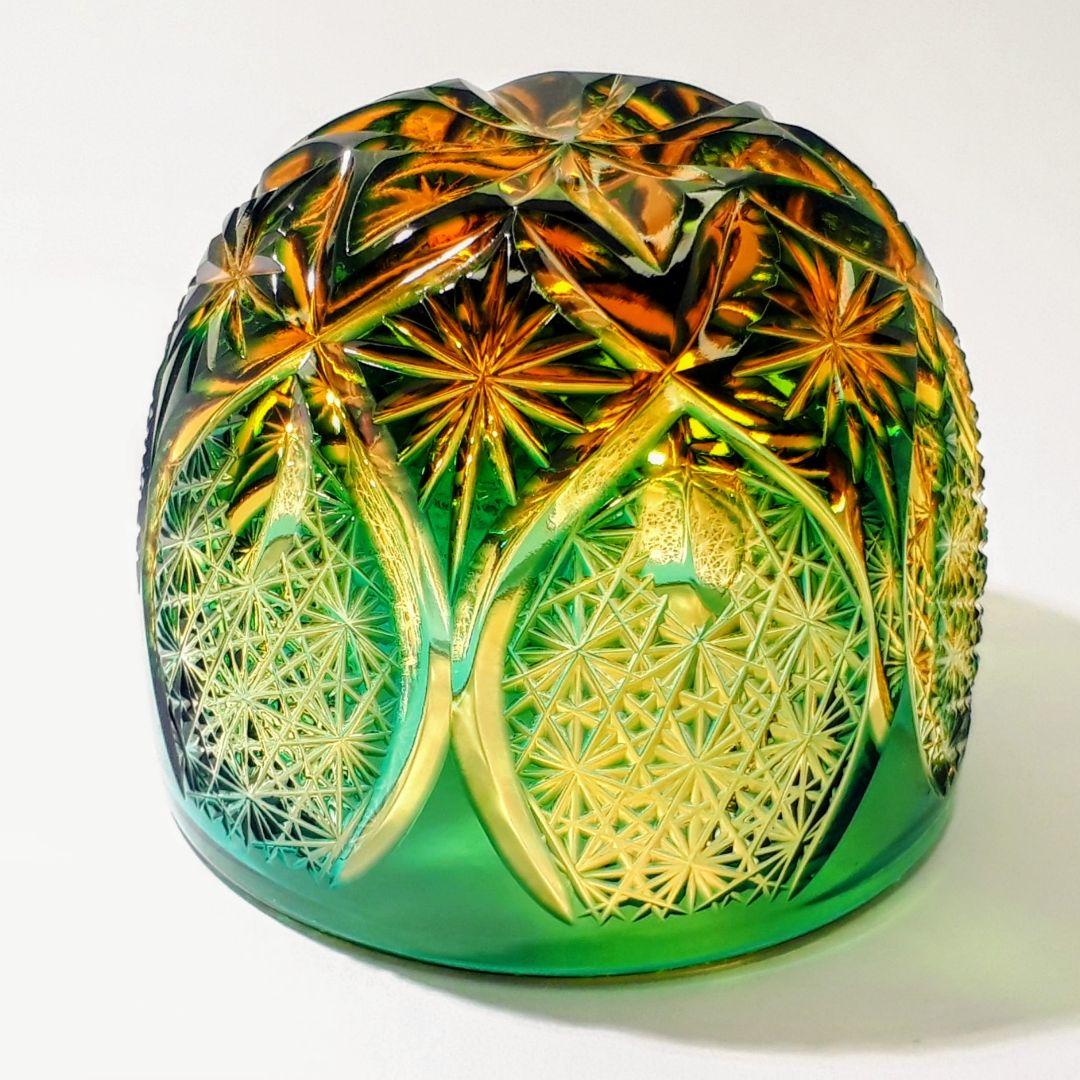 江戸切子　ෆ 根本達也 作品 ෆ　琥珀／緑 　 ぐい呑　【 未使用　美品 】