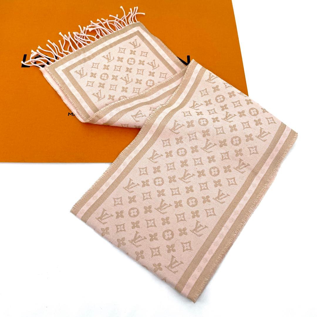 特上美品✨【ルイヴィトン】モノグラム マフラー ピンク ウール カシミヤ 249