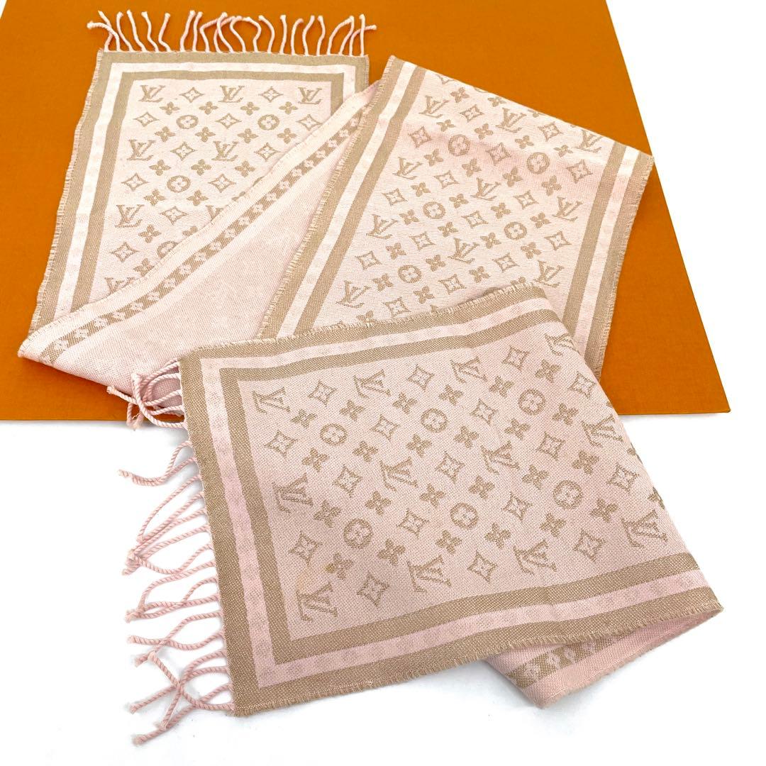 特上美品✨【ルイヴィトン】モノグラム マフラー ピンク ウール カシミヤ 249