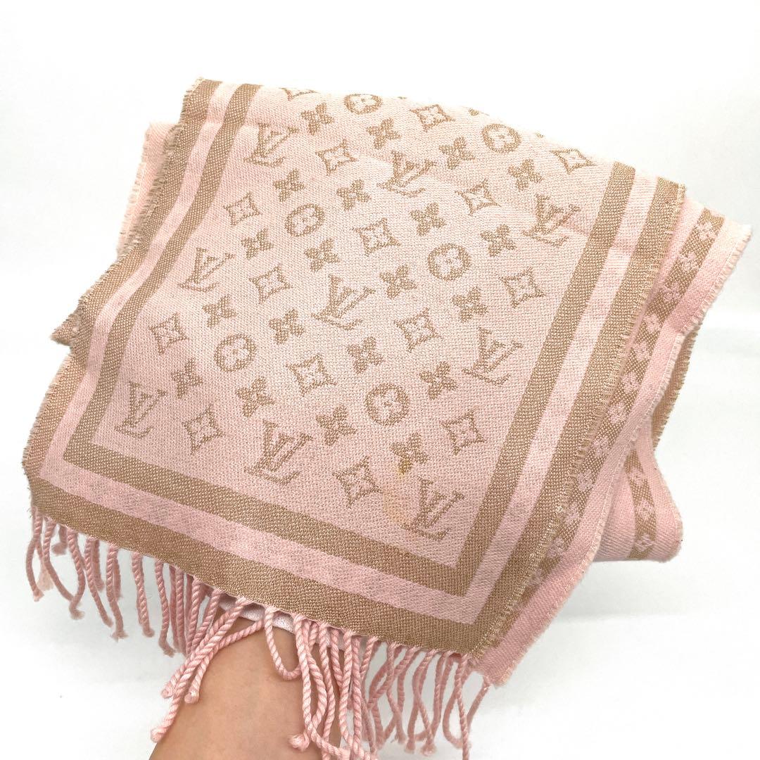特上美品✨【ルイヴィトン】モノグラム マフラー ピンク ウール カシミヤ 249