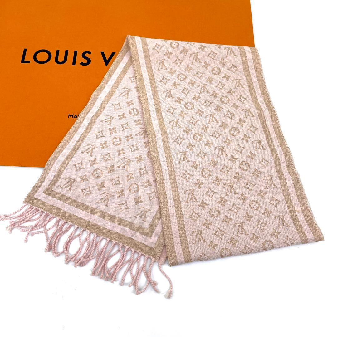 特上美品✨【ルイヴィトン】モノグラム マフラー ピンク ウール カシミヤ 249