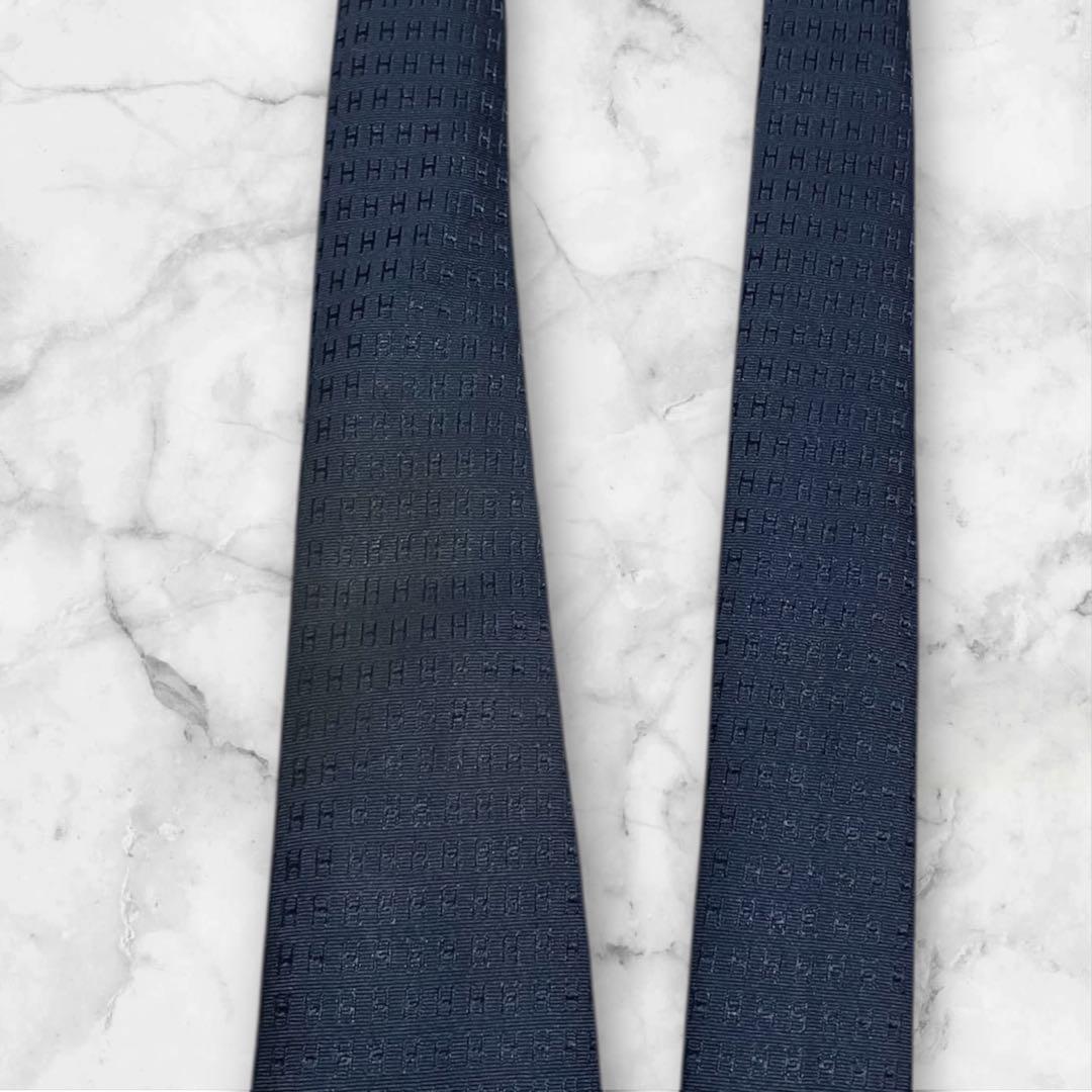 【箱付き】HERMES エルメス　ネクタイ　ファソネ　紺　ジャガード　H柄