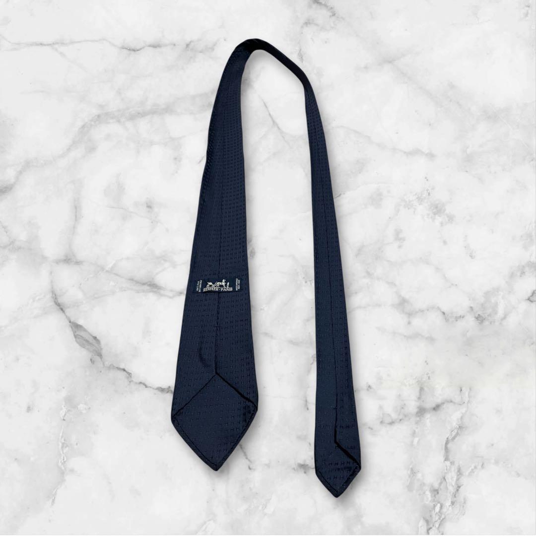 【箱付き】HERMES エルメス　ネクタイ　ファソネ　紺　ジャガード　H柄