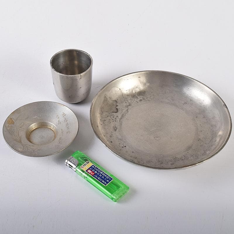 錫　 極上京錫六請合　坂口款　皿十客　義春銘　茶托五客　湯呑八客　YR7921B