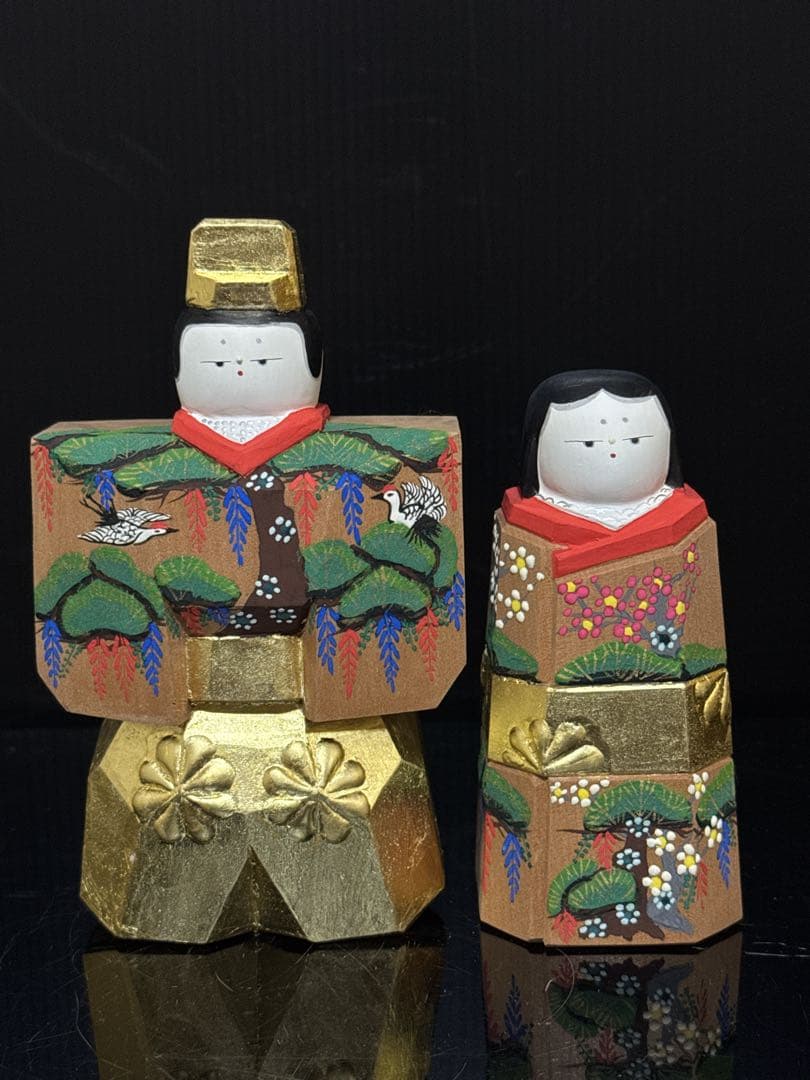 奈良 一刀彫 名人 鎌田麦風 造 立雛 置物 共箱付