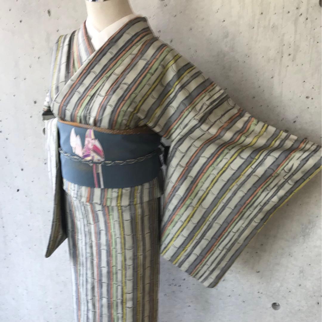 【竹柄】本場大島紬　デザイン柄　染　袷　落款　パールトーン加工