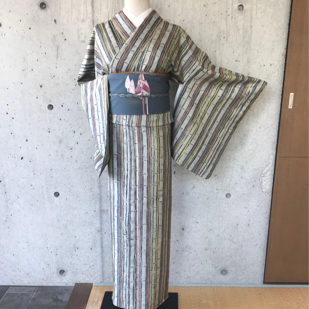 【竹柄】本場大島紬　デザイン柄　染　袷　落款　パールトーン加工