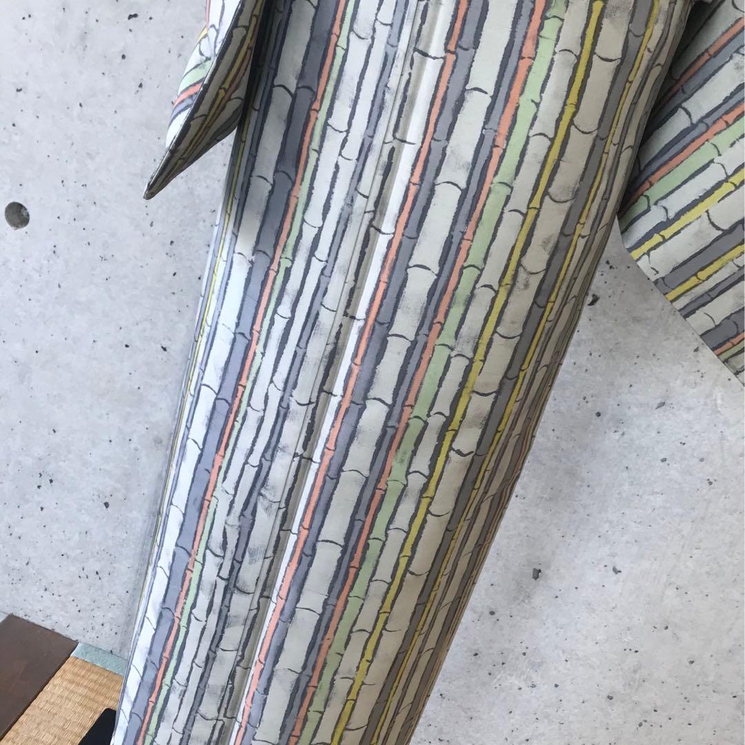 【竹柄】本場大島紬　デザイン柄　染　袷　落款　パールトーン加工