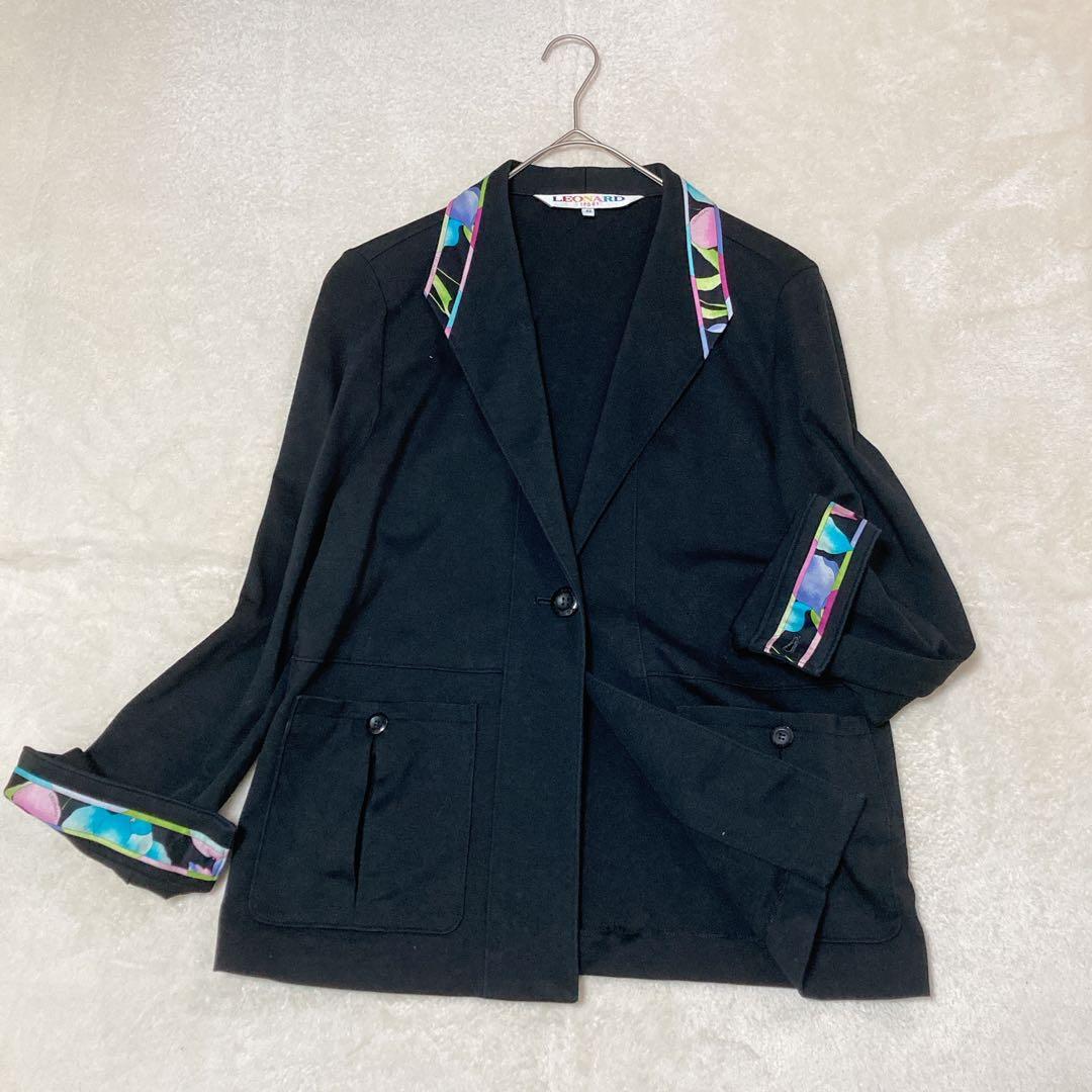 LEONARD レオナール ジャージー ジャケット 花柄 切替 伸縮性 42 黒