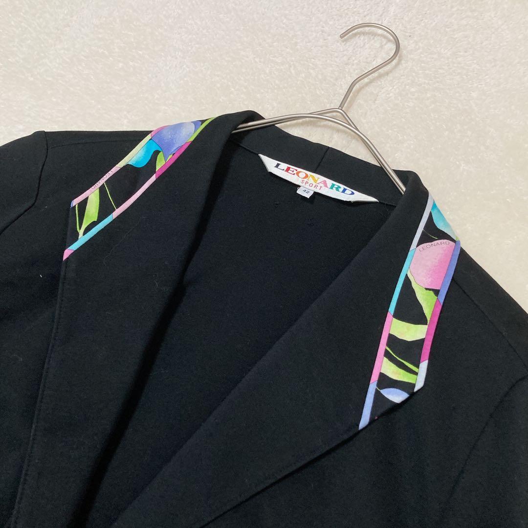 LEONARD レオナール ジャージー ジャケット 花柄 切替 伸縮性 42 黒