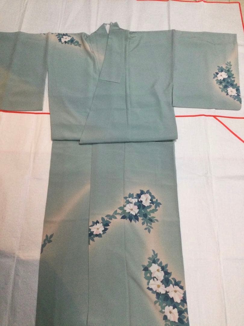 トールサイズ　付け下げ訪問着‼︎ 手描き　シルエット　秘色系統