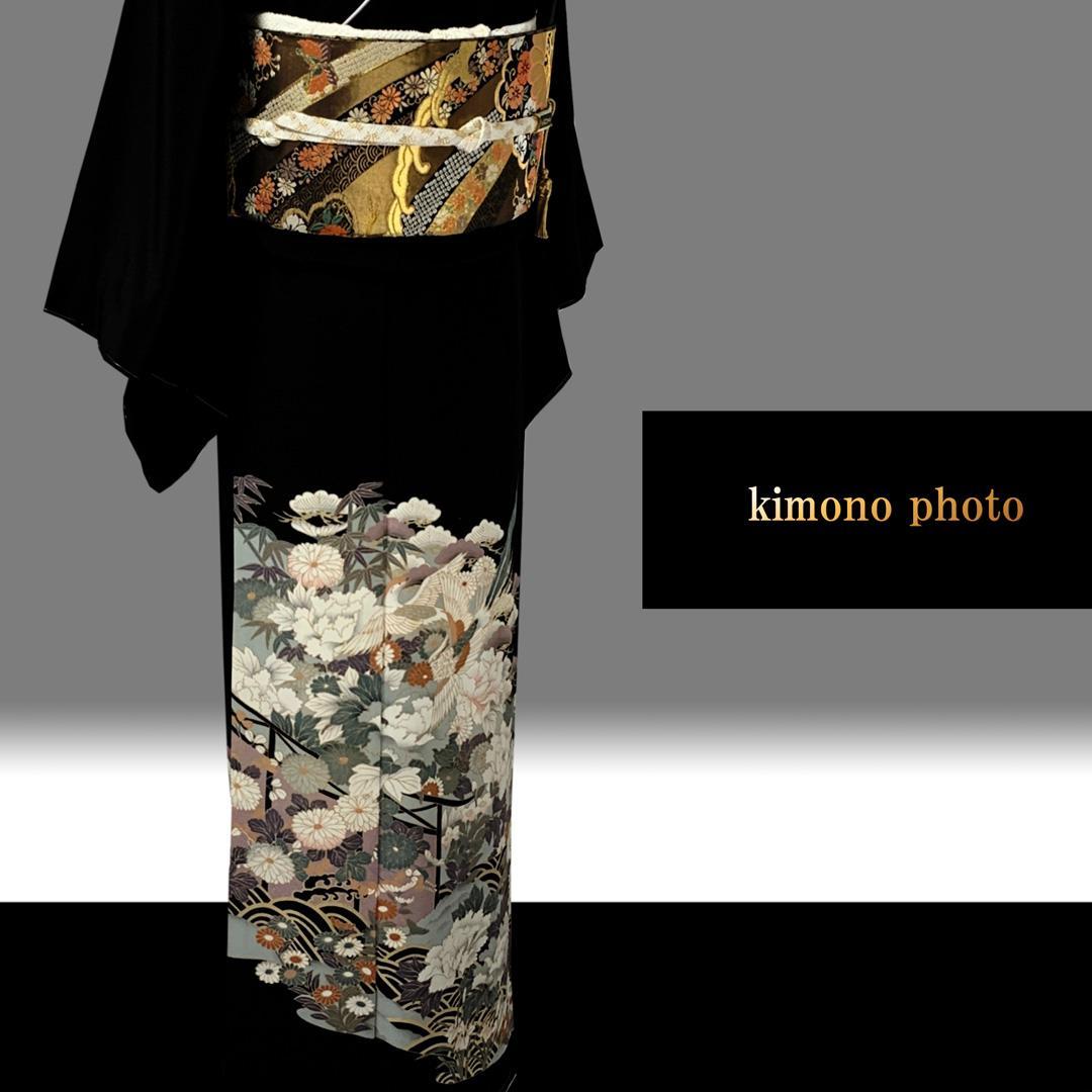 正絹【新品、未使用】６点フルセット【トールサイズ】極上逸品金彩手描き友禅 黒留袖