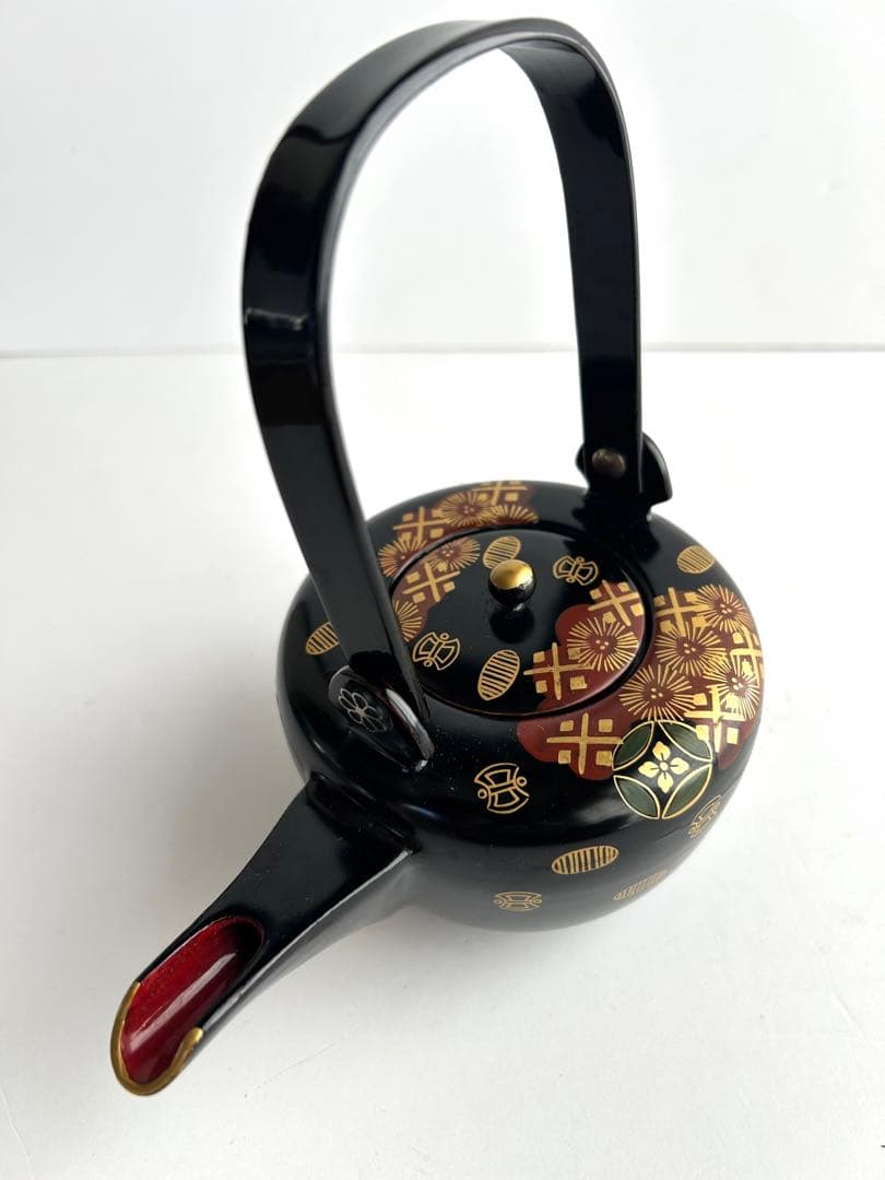 会津塗 黒塗 絵島型 四ツ揃 お屠蘇器 漆器セット 木箱入 金彩 鶴文様 松竹梅