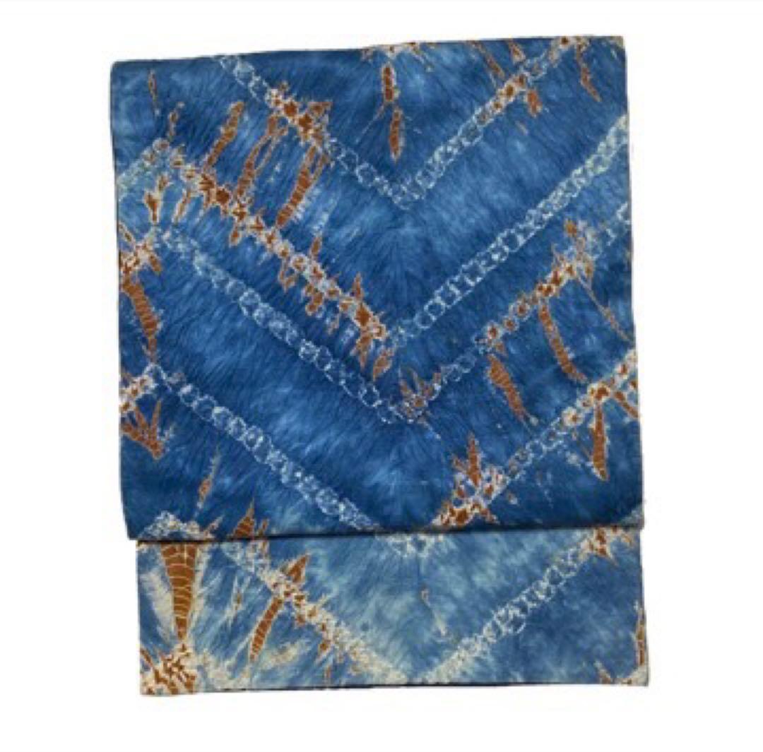 青色 絞り幾何学模様 袋帯 六通柄