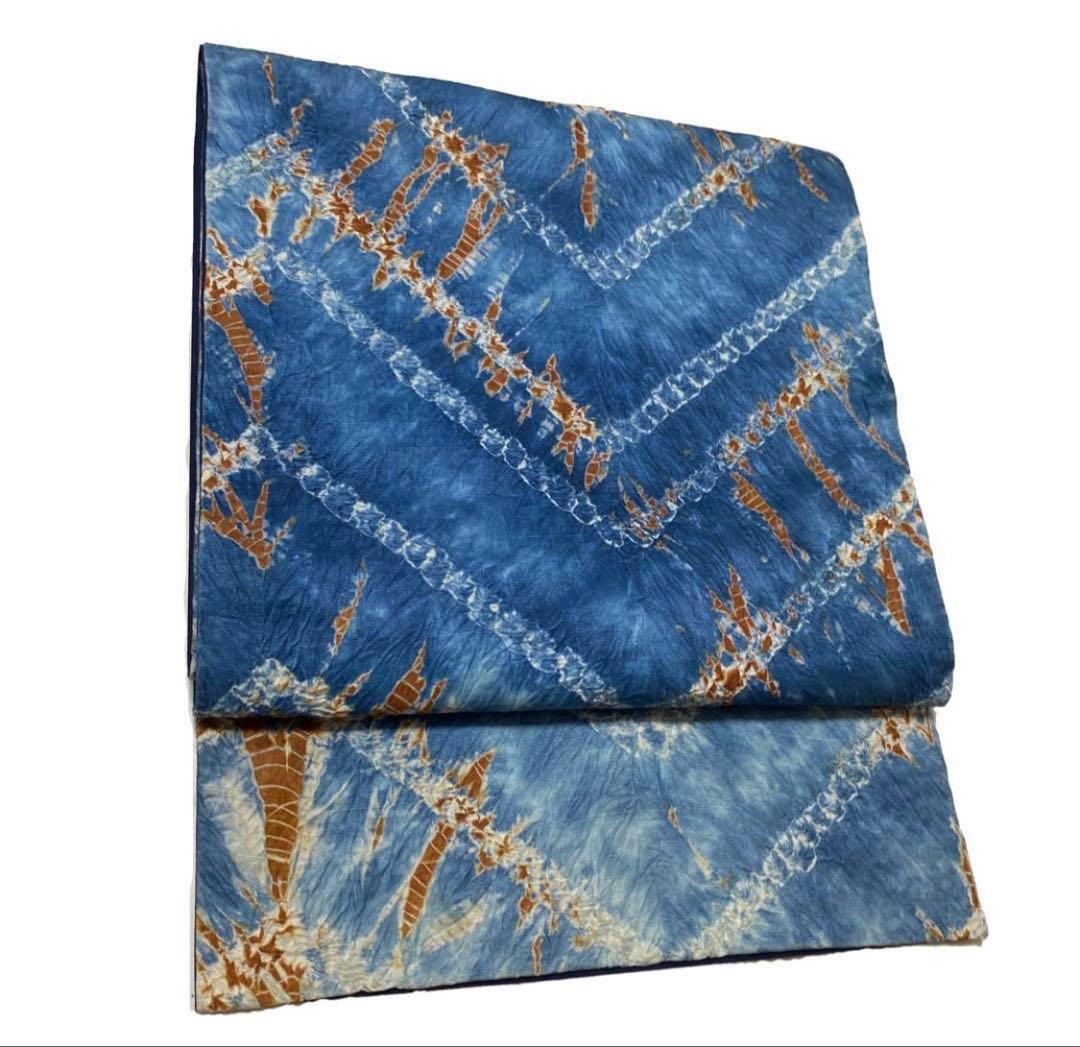 青色 絞り幾何学模様 袋帯 六通柄