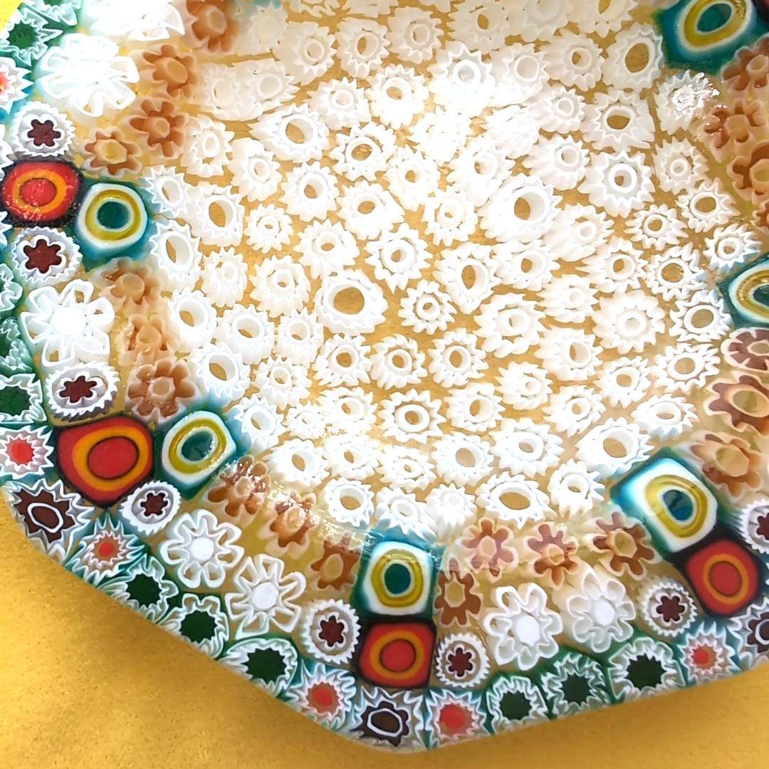 ミルフィオリ　中古　八角形 ガラス皿 多色 花模様