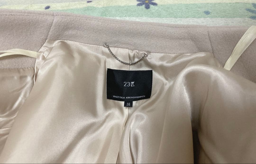 23区　ダブルクロスベロア Vカラーコート　ライトベージュ系　38 M サイズ