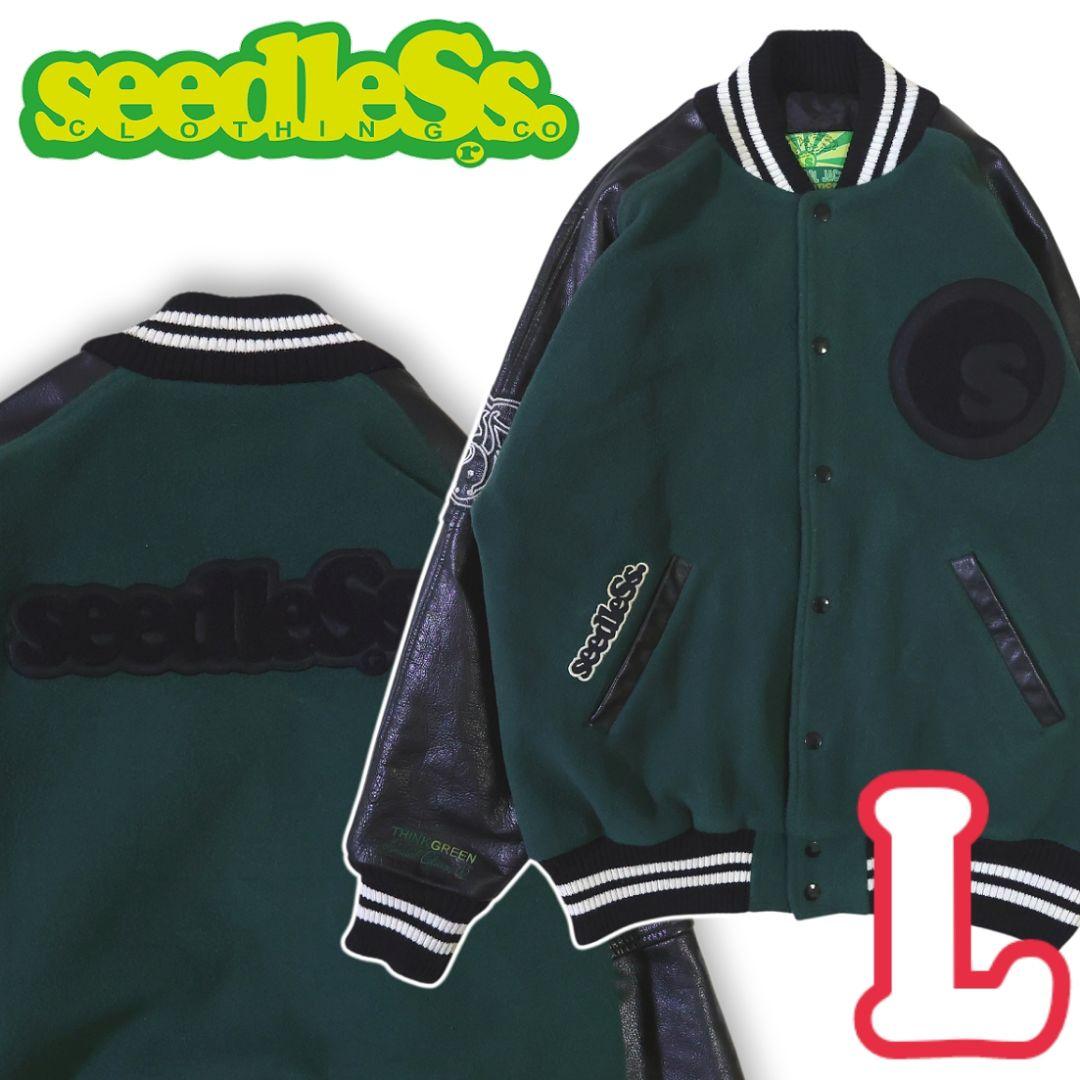 シードレス seedleSs 袖レザー シェニール織ロゴ スタジアムジャンパー
