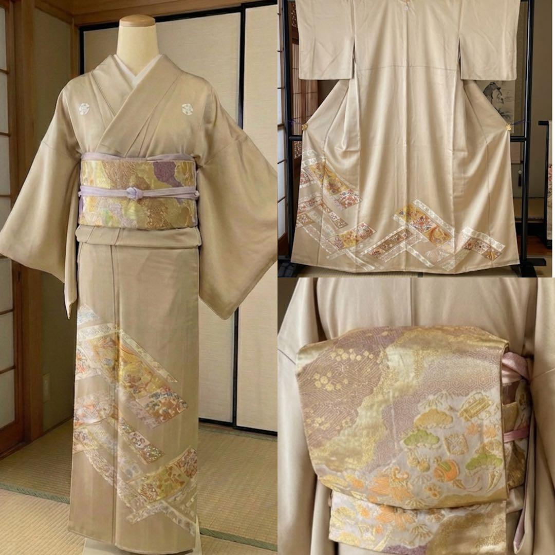 極美品 正絹 色留袖　4点セット 三つ紋 総柄　高級　袋帯　比翼仕立て