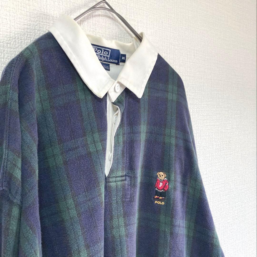 90s ラルフローレン　ポロベア　ラガーシャツ　ポロシャツ　刺繍　チェック柄古着