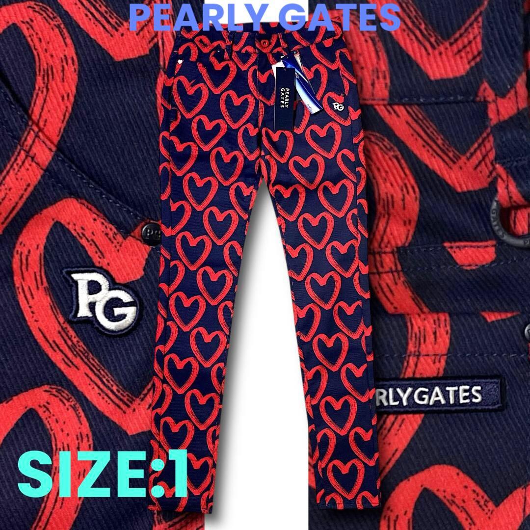 定31900円 1 パーリーゲイツ 落書きハート柄 ストレッチ ロングパンツ 紺